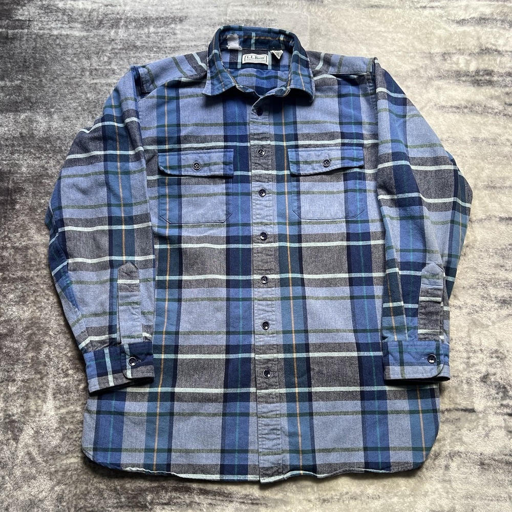 Vintage LL Bean Chamois Cloth Flannel Shirt Men's Large Tall Blue Plaid Heavy